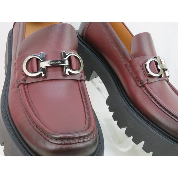 FERRAGAMO BURGUNDY LEATHER FLORIAN LUG SOLE GANCINI BIT LOGO LOAFERS 8 D 41 IT - Picture 8 of 12
